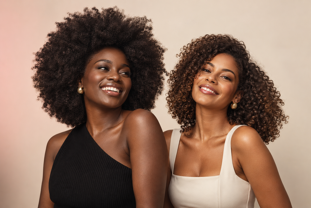 Deux femmes aux cheveux naturels bouclés et crépus — univers Beautylicious