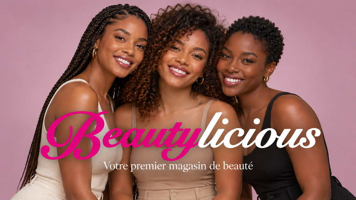 Beautylicious — Votre premier magasin de beauté. Trois femmes souriantes sur fond rose, avec le logo Beautylicious.