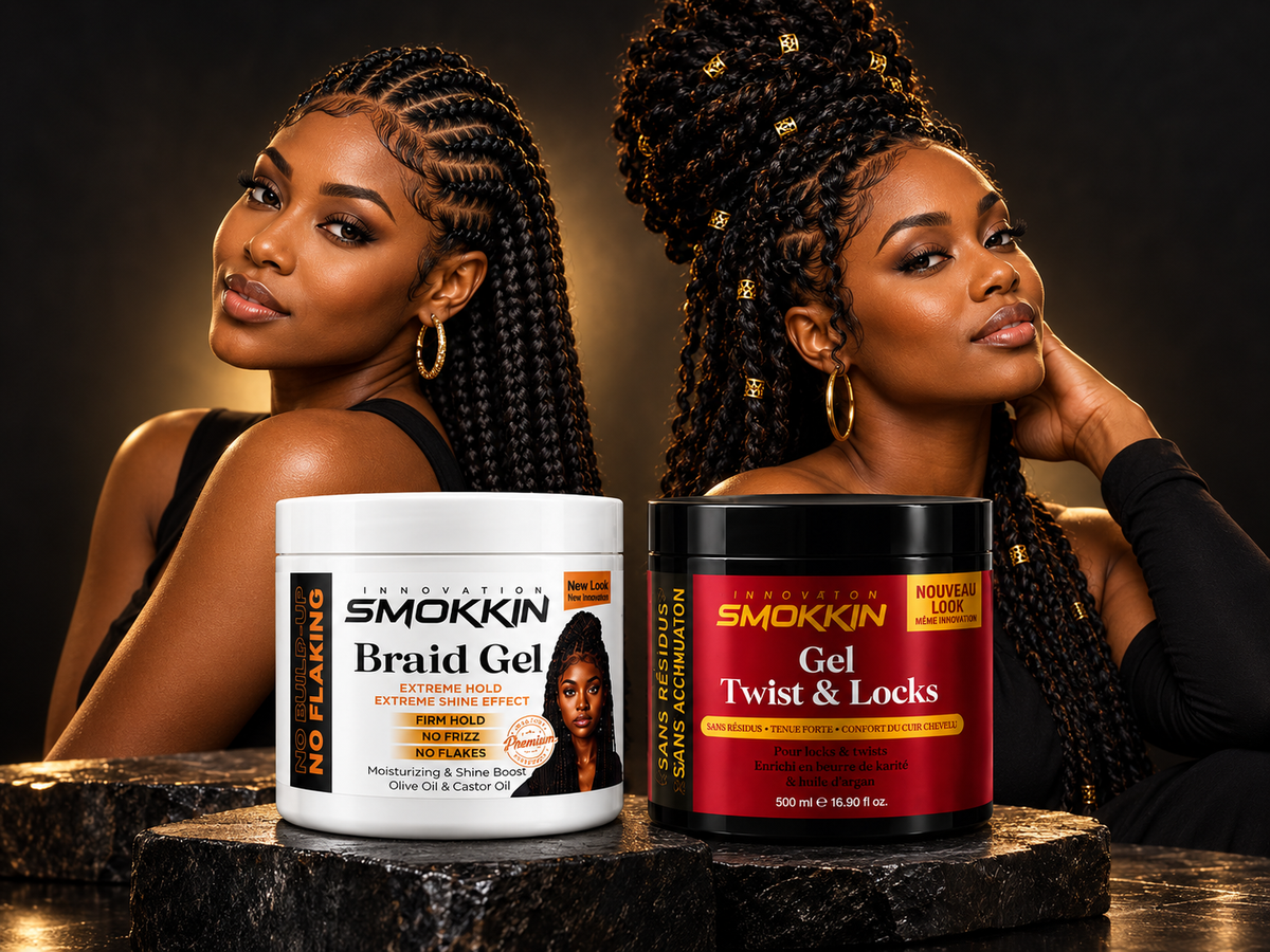 Les nouveautés Smokkin Braid Gel et Gel Twist &amp; Locks avec deux modèles aux coiffures tressées, disponibles chez Beautylicious en Guadeloupe